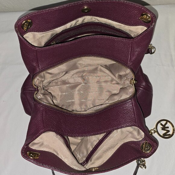 Michael Kors Jet Set Large Gold Chain Plum Grain Leather Shoulder Bag Tote - Picture 10 of 16